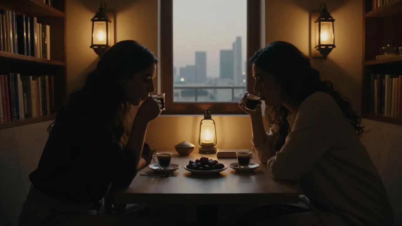 Two figures in a hidden lounge, sharing coffee and quiet conversation under soft lantern light.