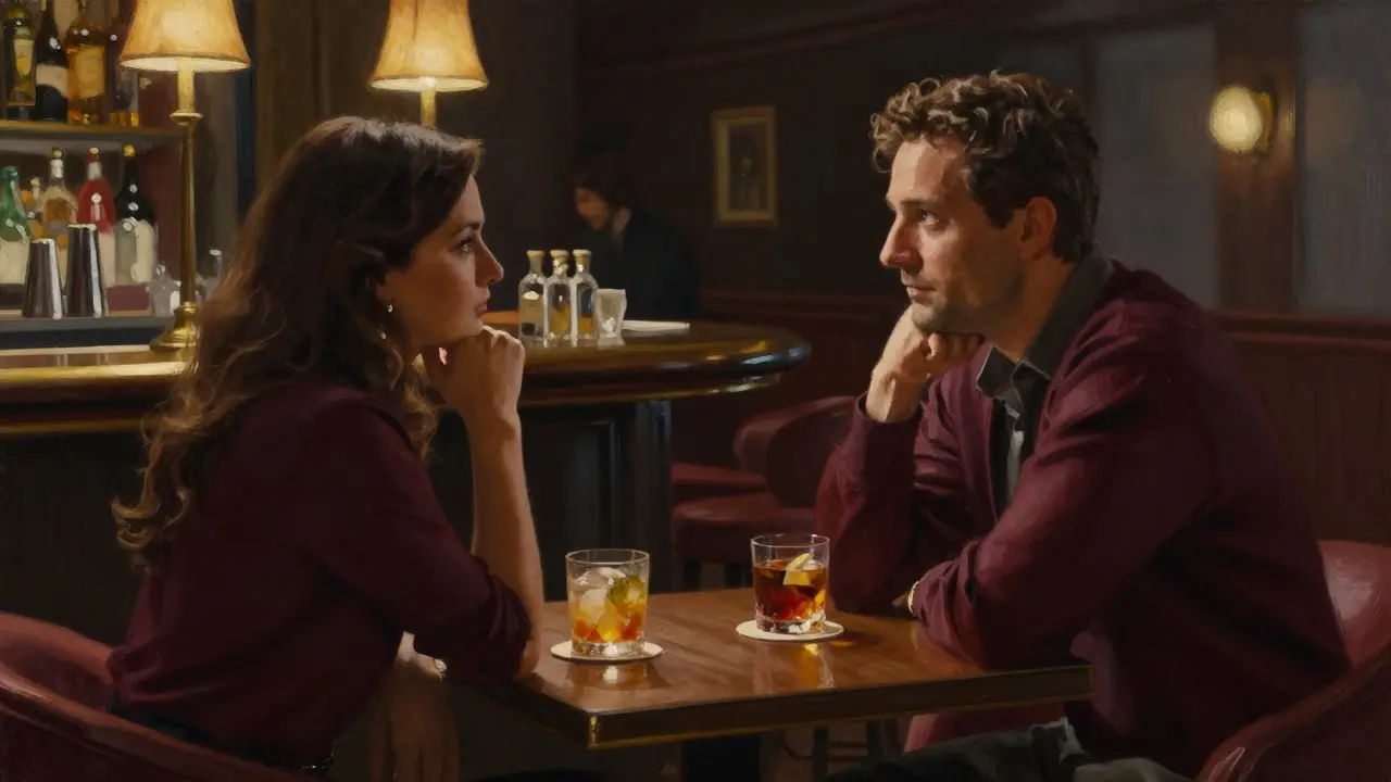 Two people conversing discreetly at an upscale dimly lit bar table.