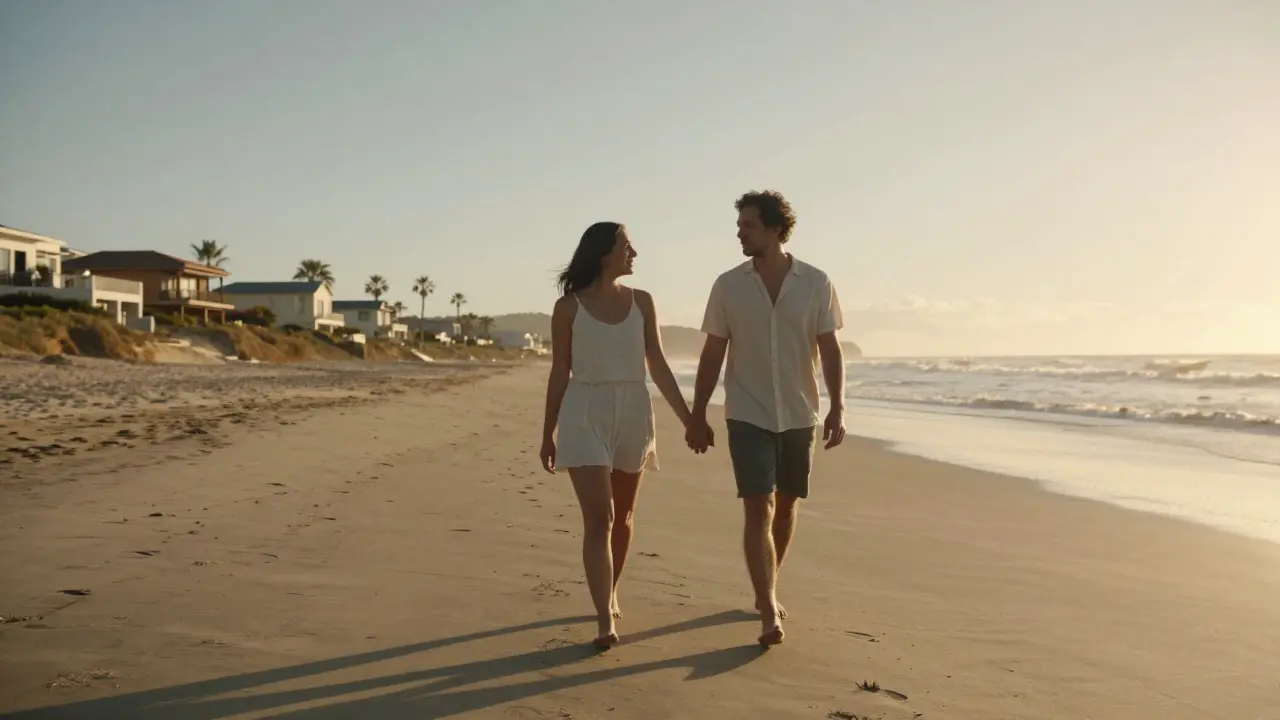 Two people walking hand-in-hand on a private beach at sunset, maintaining modesty and discretion.