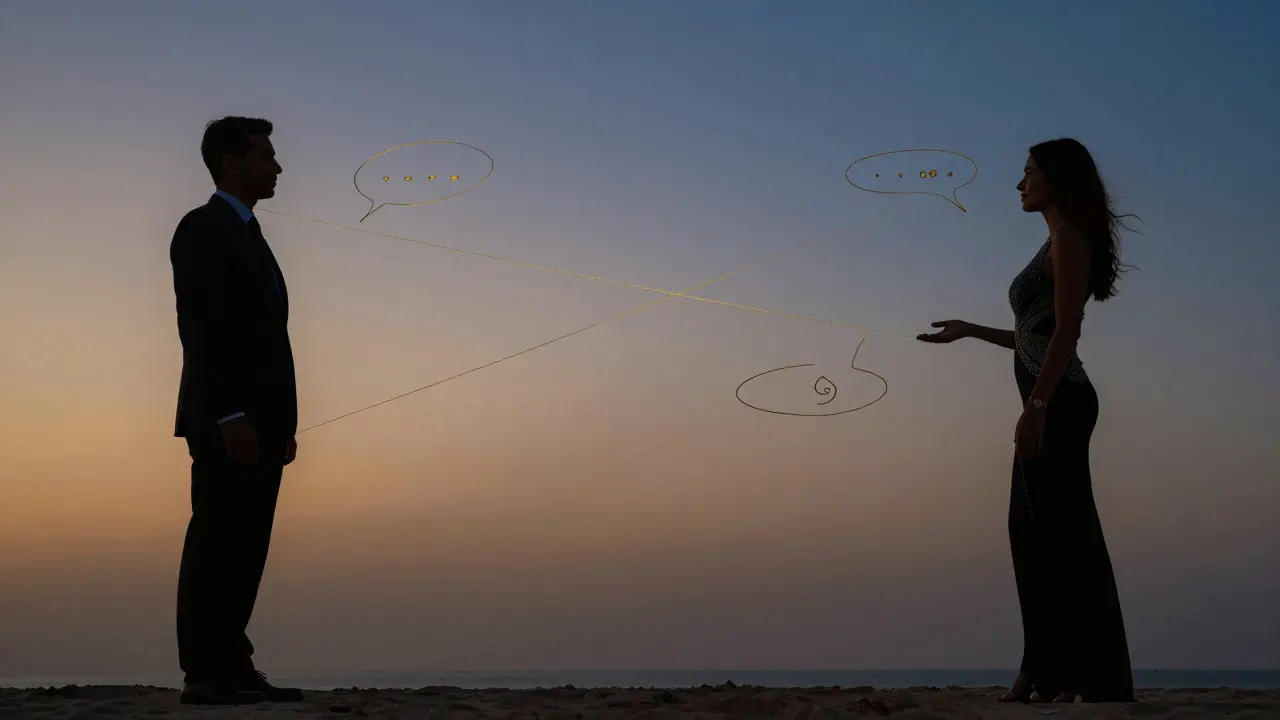 Two silhouettes connected by a golden thread on a Dubai beach at dusk, symbolizing emotional connection and mutual respect.
