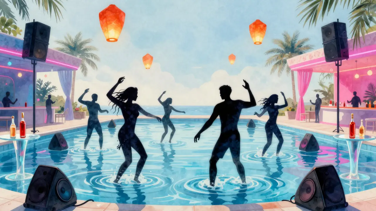 Vibrant poolside dance floor in Dubai with people dancing in water, neon lights, and floating lanterns under the night sky.