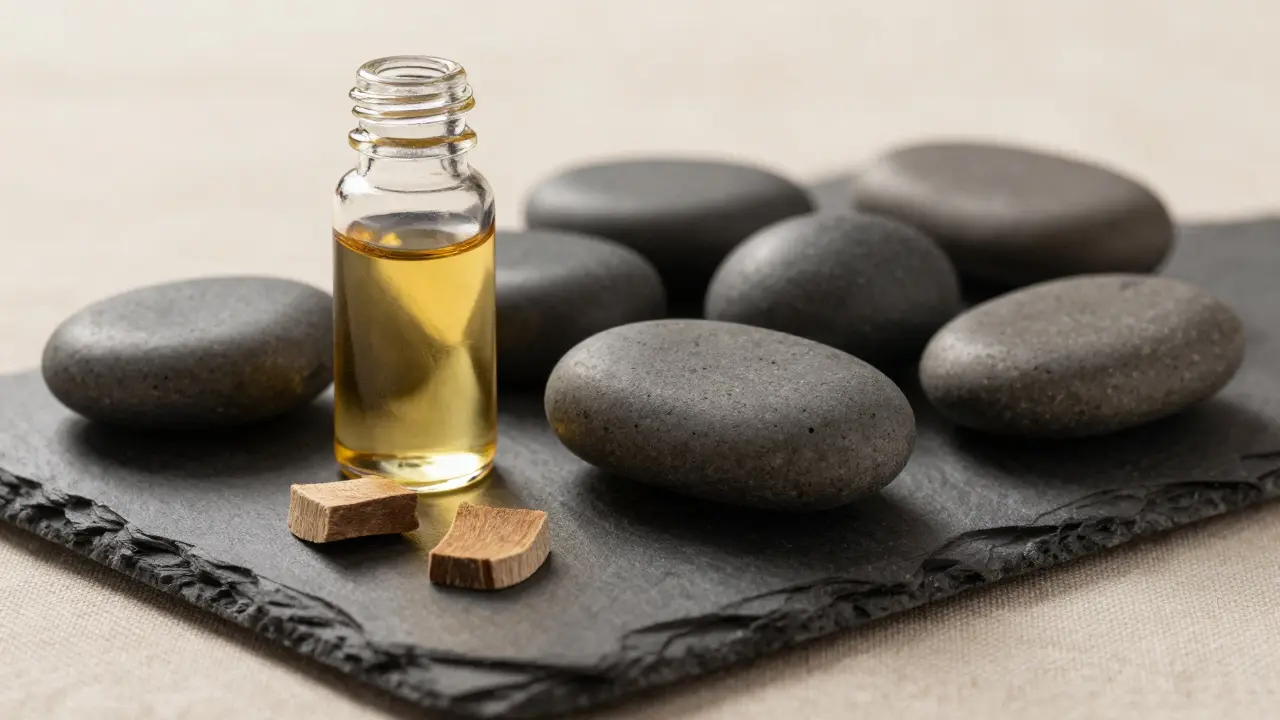 Wellness stones and essential oils on a wooden tray.
