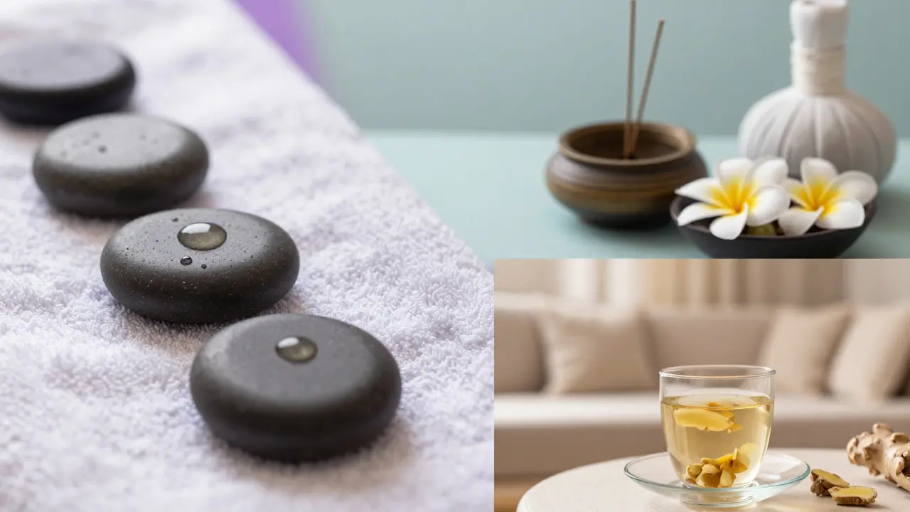 A collection of spa elements including massage stones, essential oils, and ginger tea