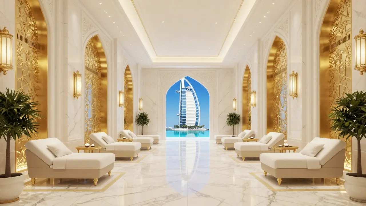 A luxurious gold and marble spa interior with a view of a pool in Dubai