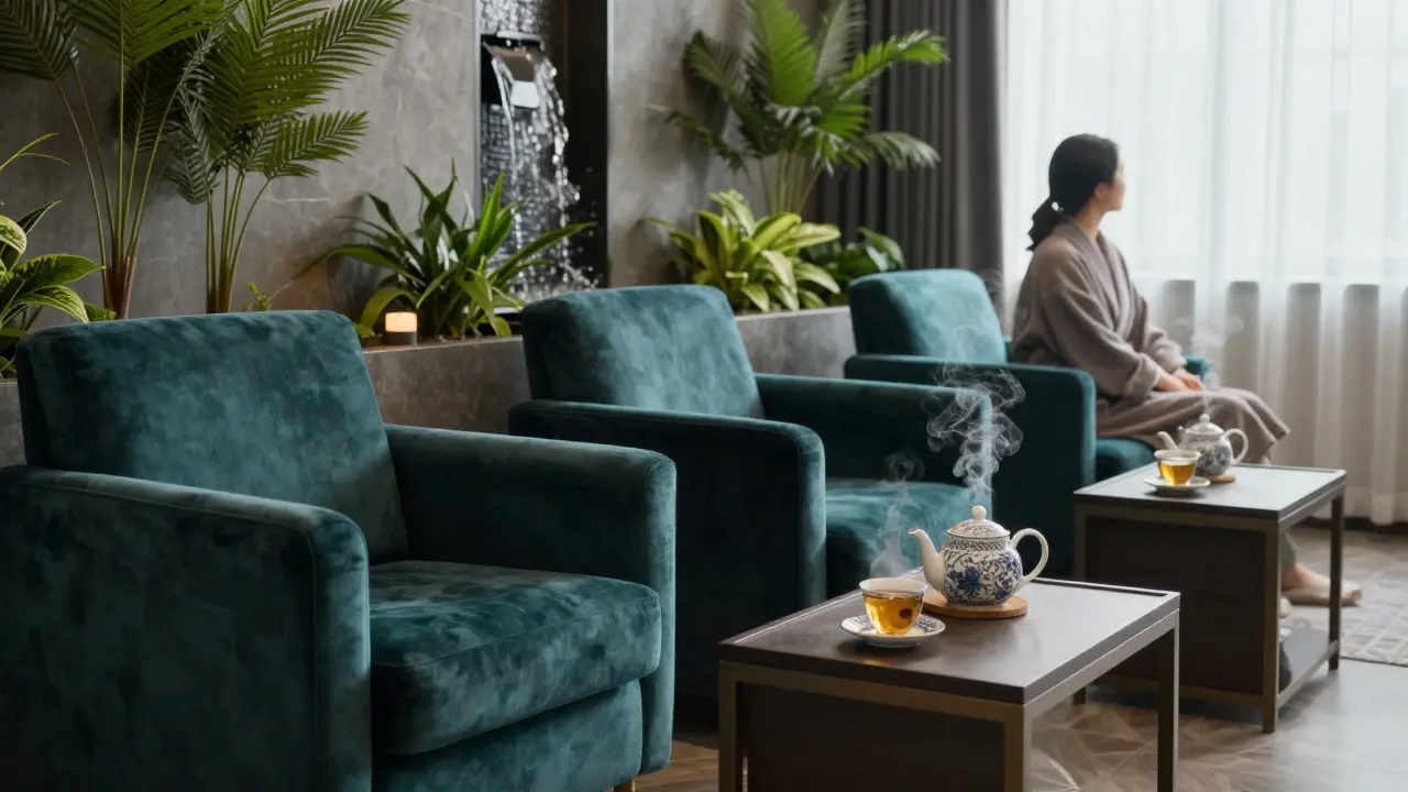 Herbal tea set on a table in a tranquil spa lounge.