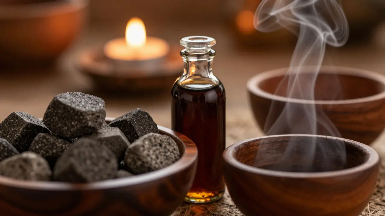 Hot stones and oud oil bottle on a wooden wellness tray.