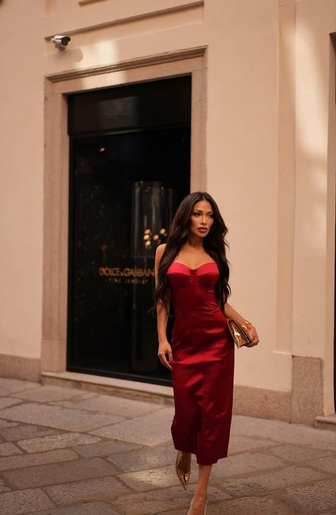 Luz walks a stone street in a red satin midi dress and heels, holding a gold clutch.
